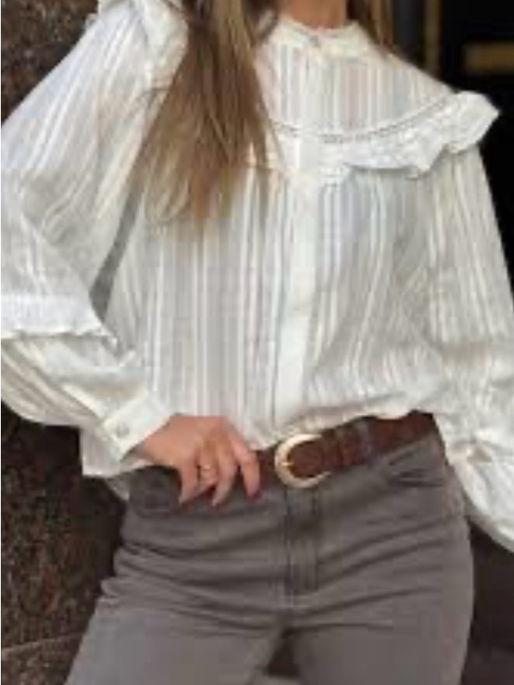 Zara Cream Ruffled-Yoke Long-Sleeve Blouse